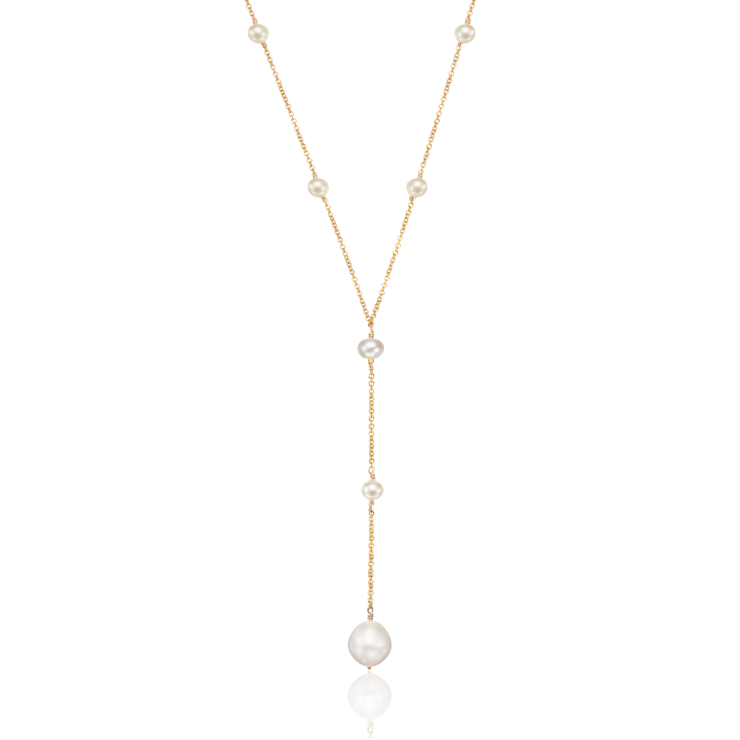 Gold Multi Pearl Lariat Necklace