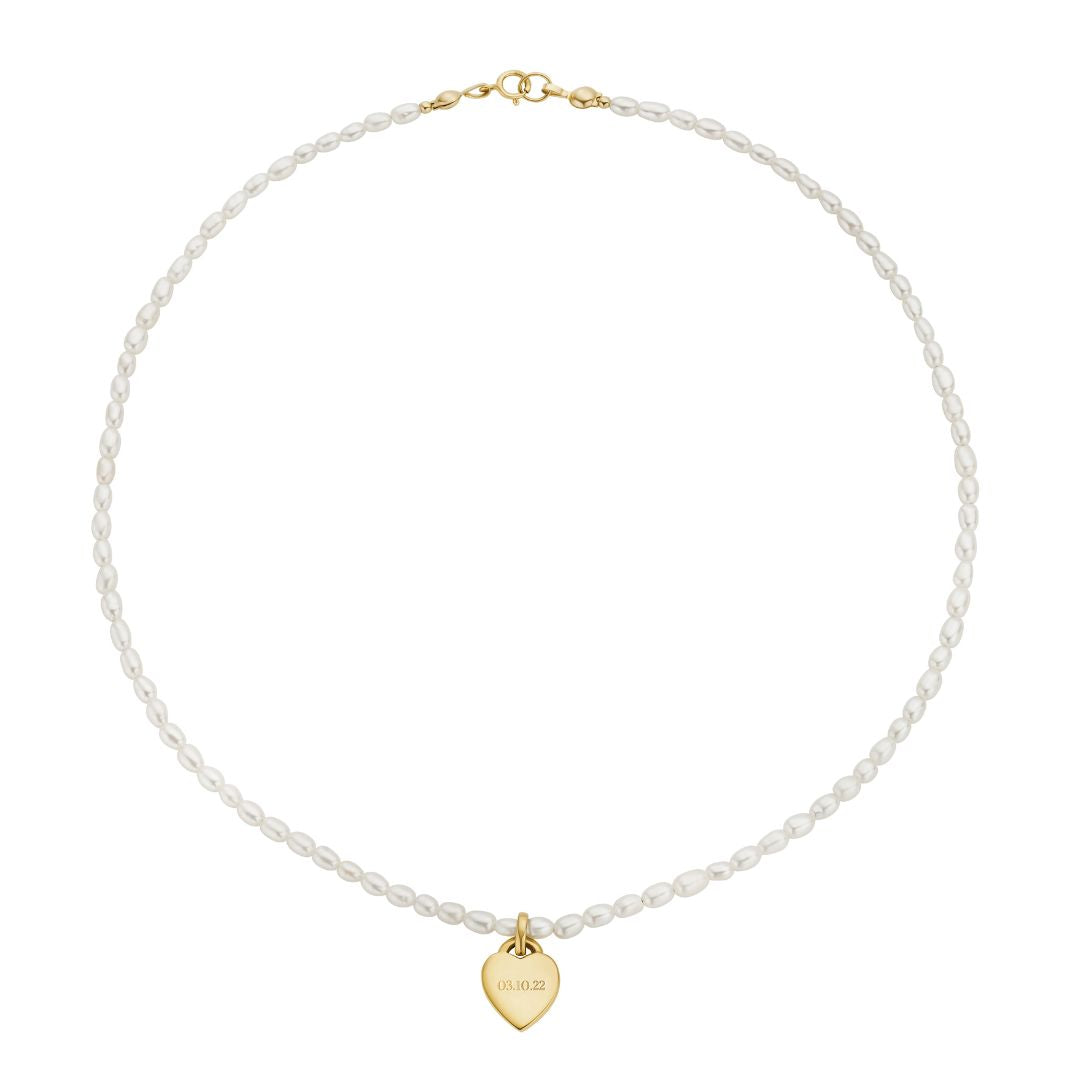 Gold Seed Pearl Engraved Heart Necklace