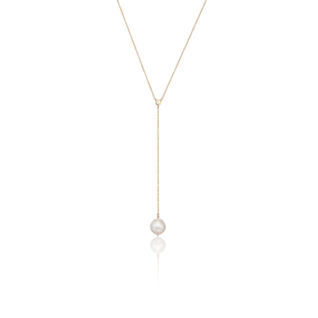 Gold Single Diamond Pearl Lariat Necklace