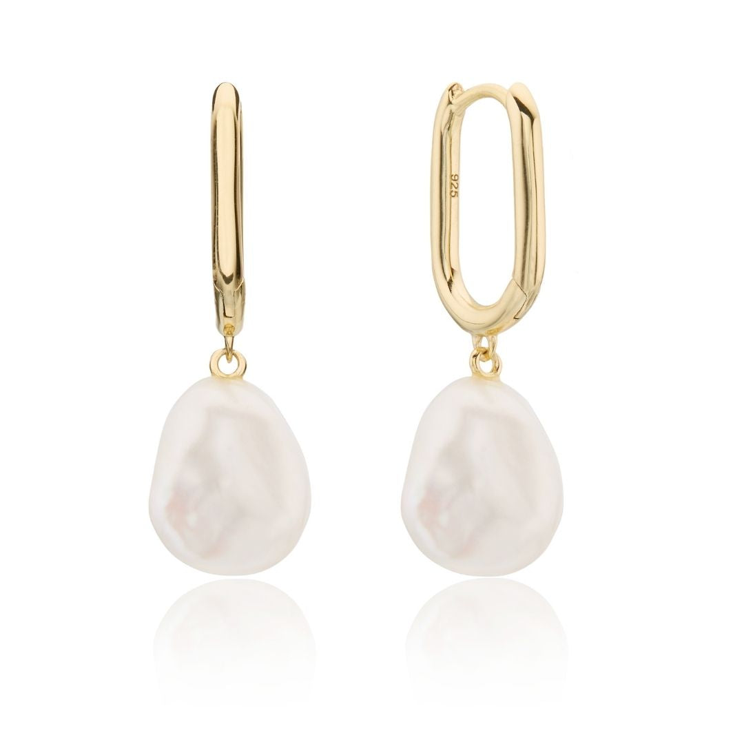 Gold Squared Hoop Baroque Pearl Drop Earrings
