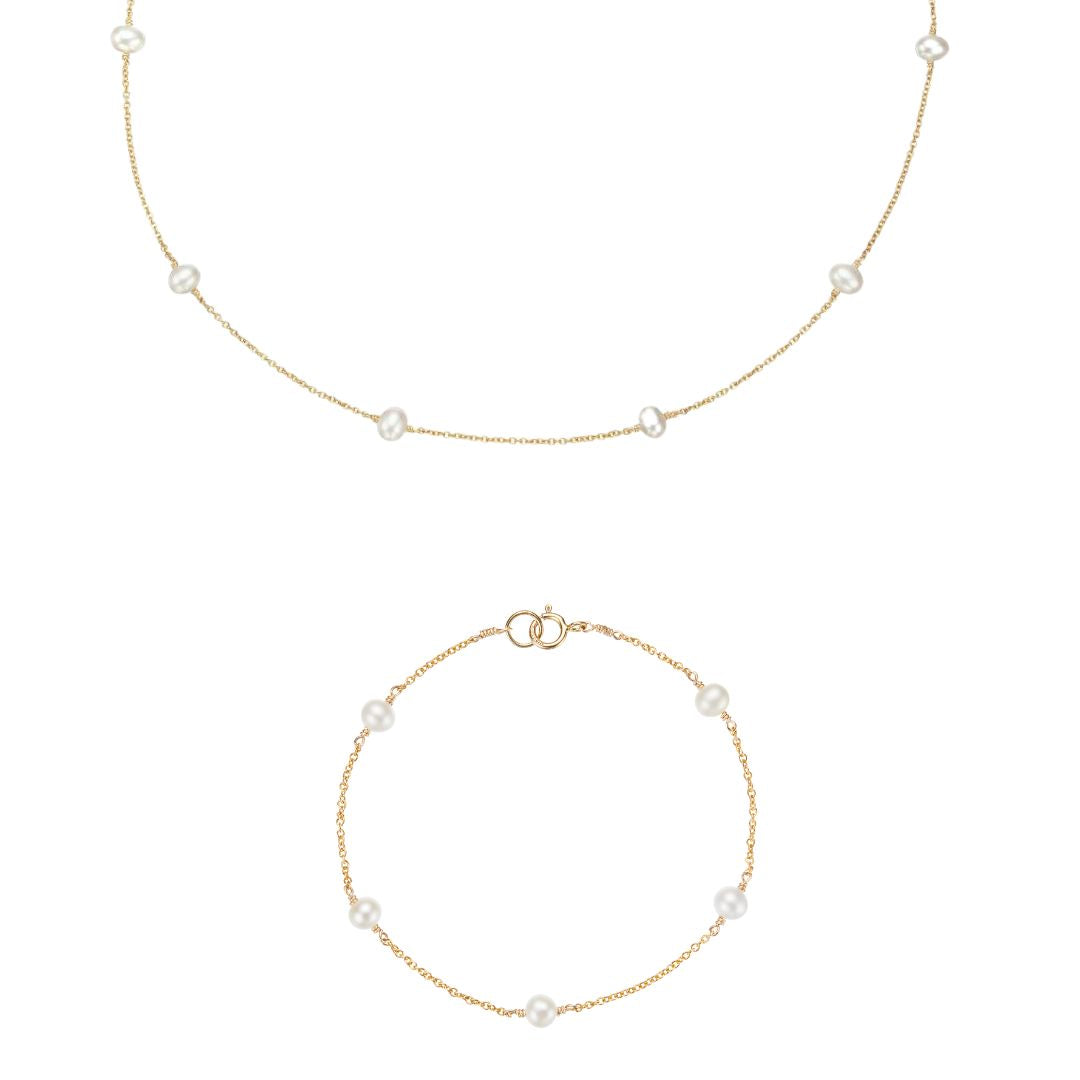 Gold Ten Pearl Choker and Five Pearl Bracelet Gift Set