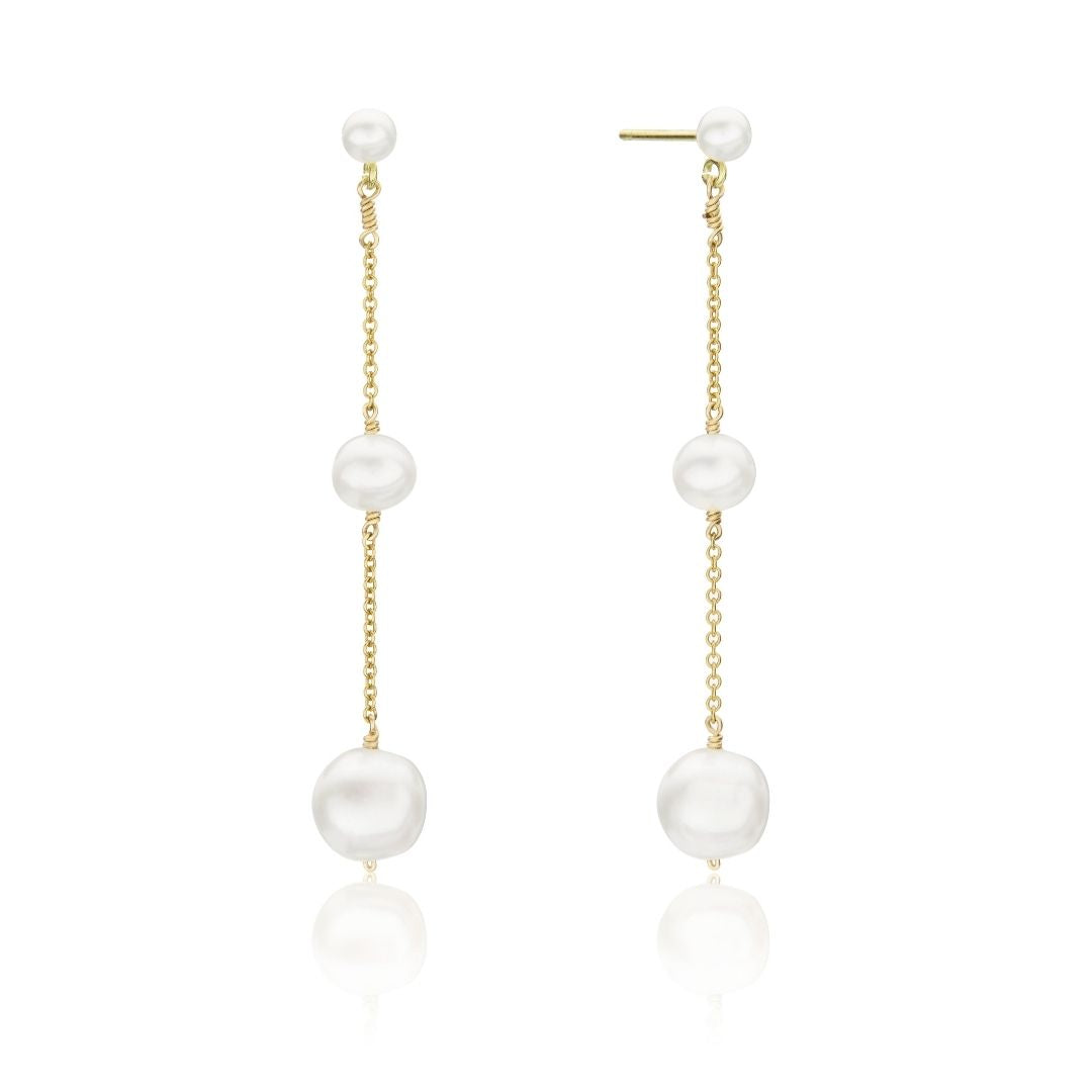 Gold Three Graduated Pearl Drop Earrings