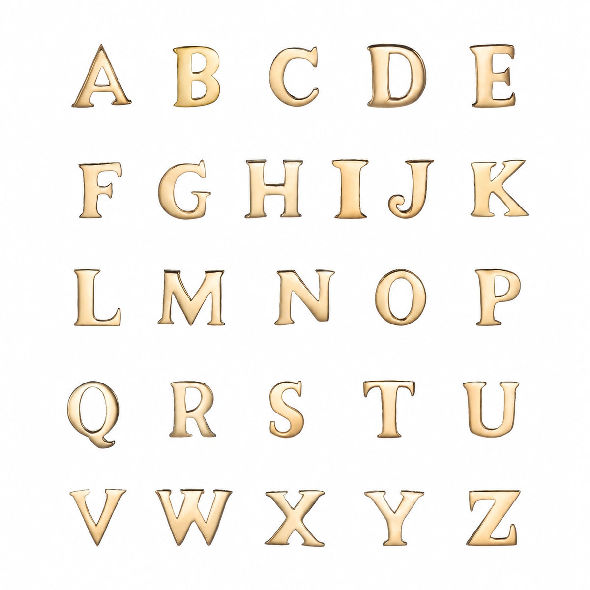 Gold alphabet letters A through Z arranged in a grid on a plain white background.