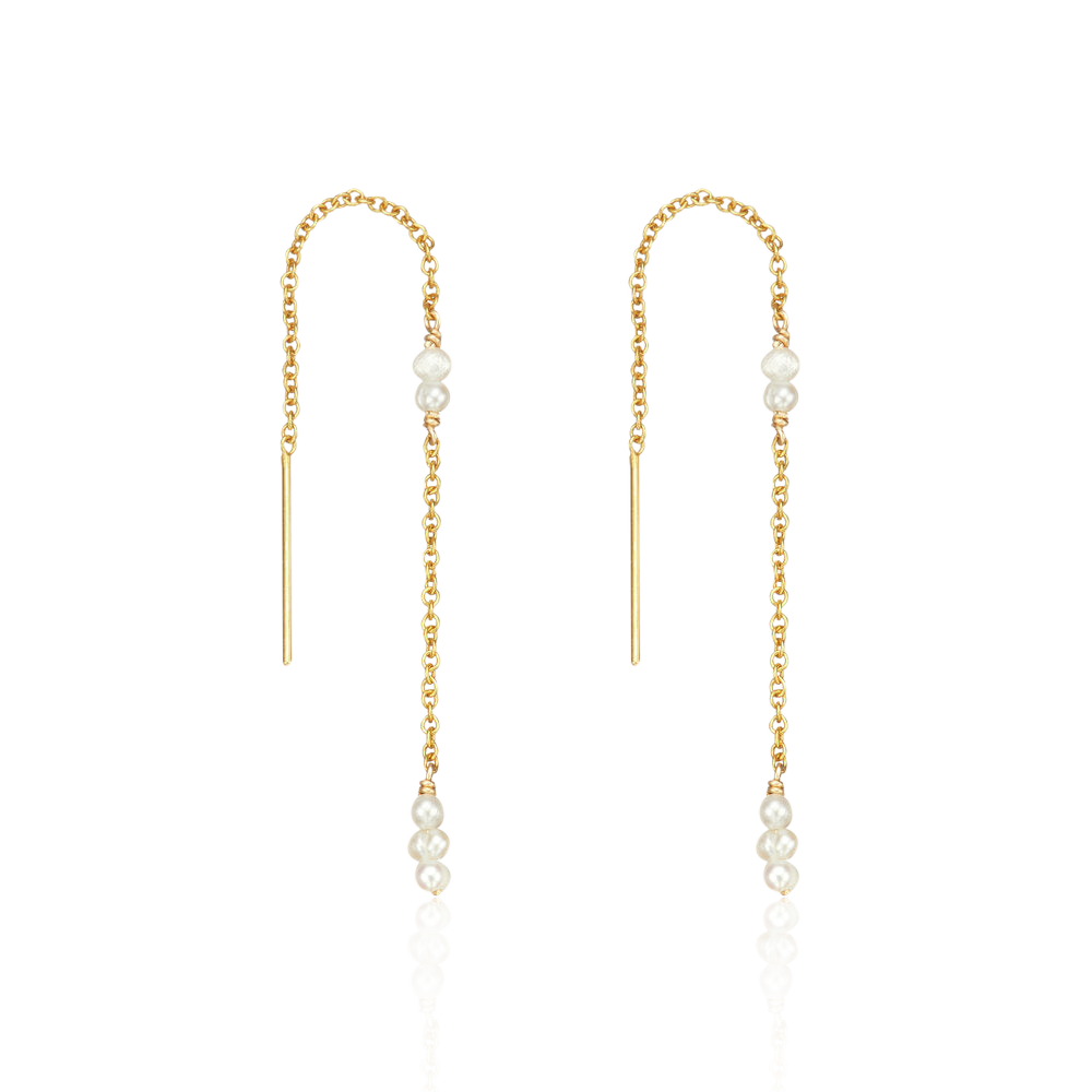 Gold mini pearl ear threaders on a white background