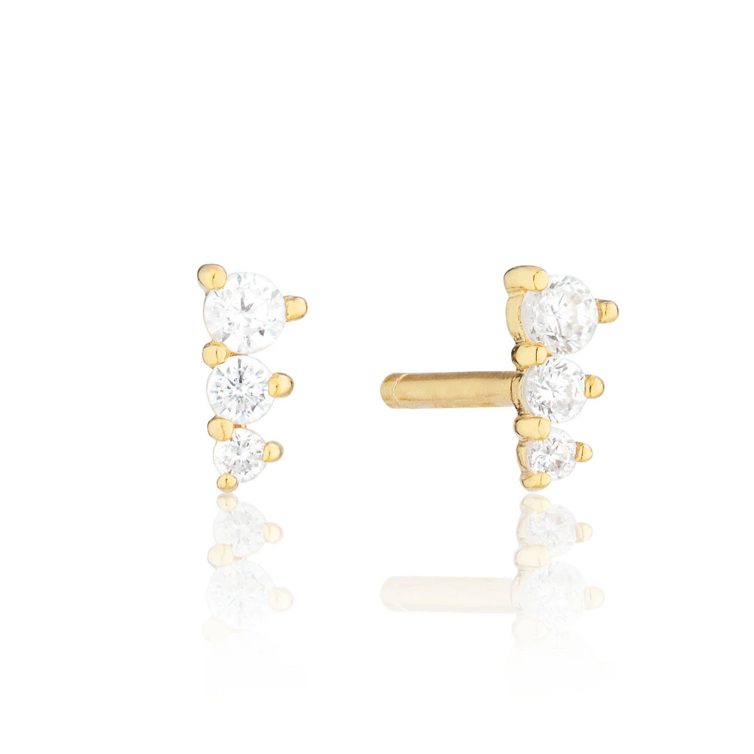 Gold Three Diamond Style Graduated Stud Earrings