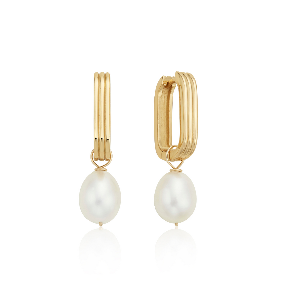 Gold Ribbed Pearl Drop Hoop Earrings – LILY & ROO