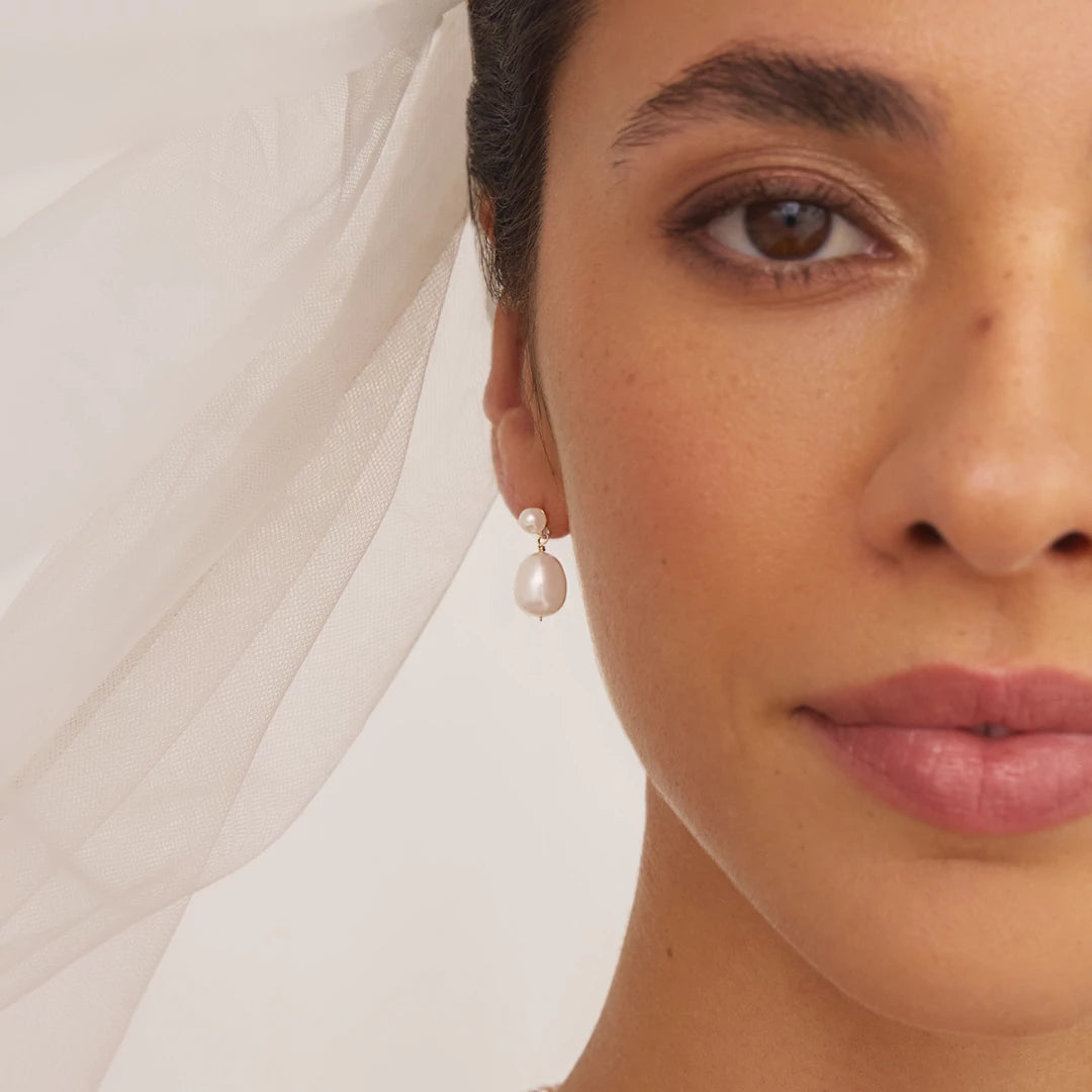 Silver Double Pearl Drop Stud Earrings