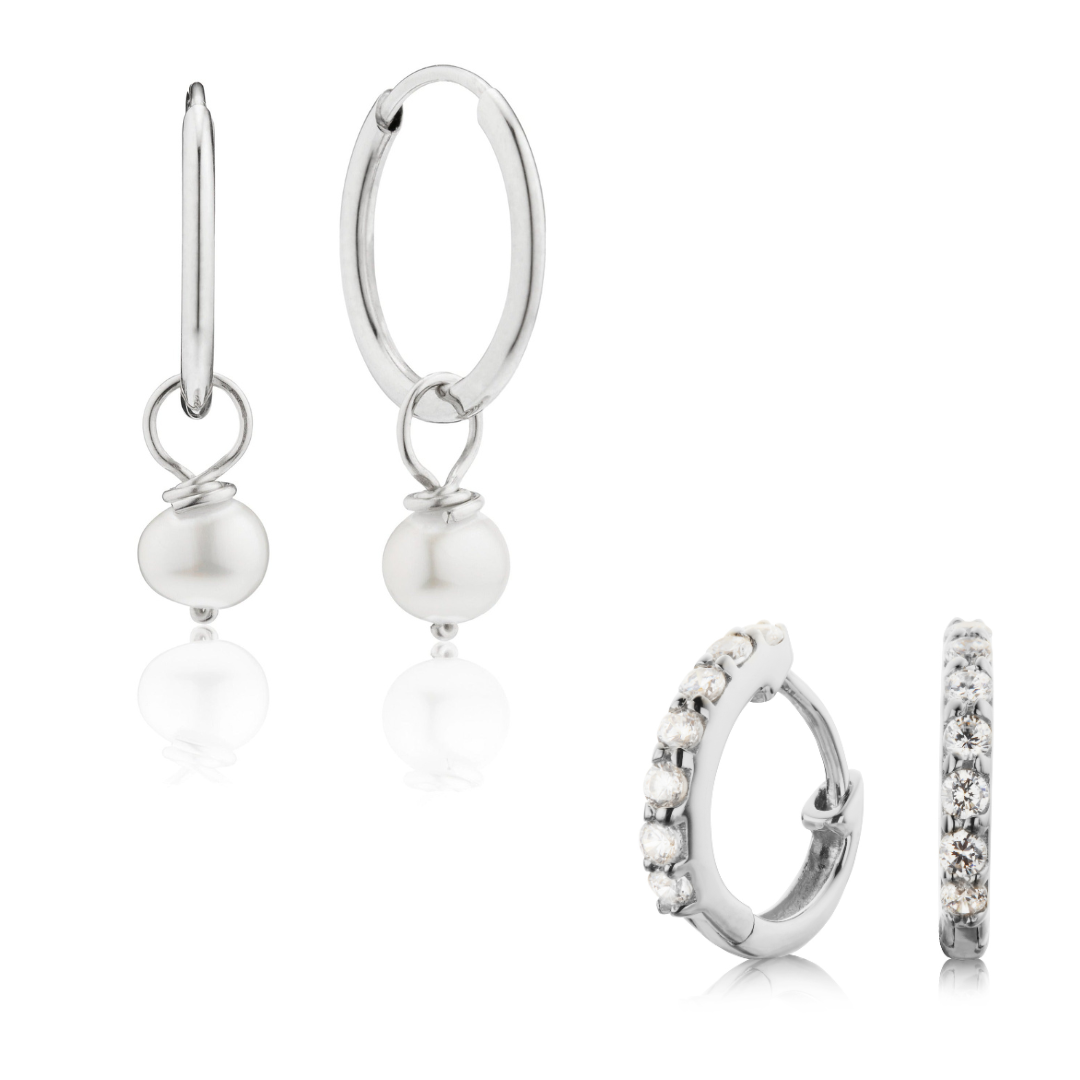 Silver Diamond Style Huggies and Small Pearl Drop Hoop Earrings Set