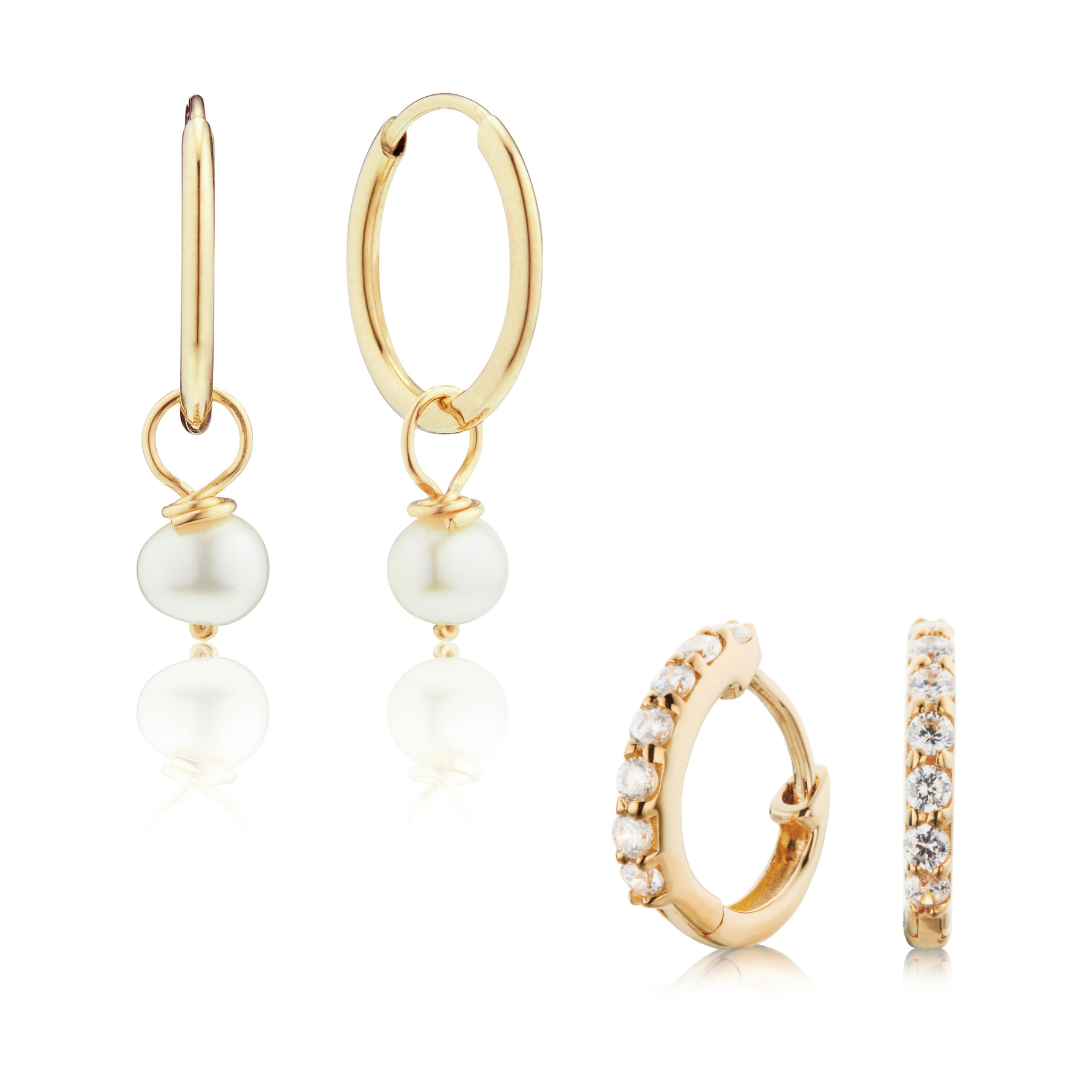 Gold Diamond Style Huggies and Small Pearl Drop Hoop Earrings Set