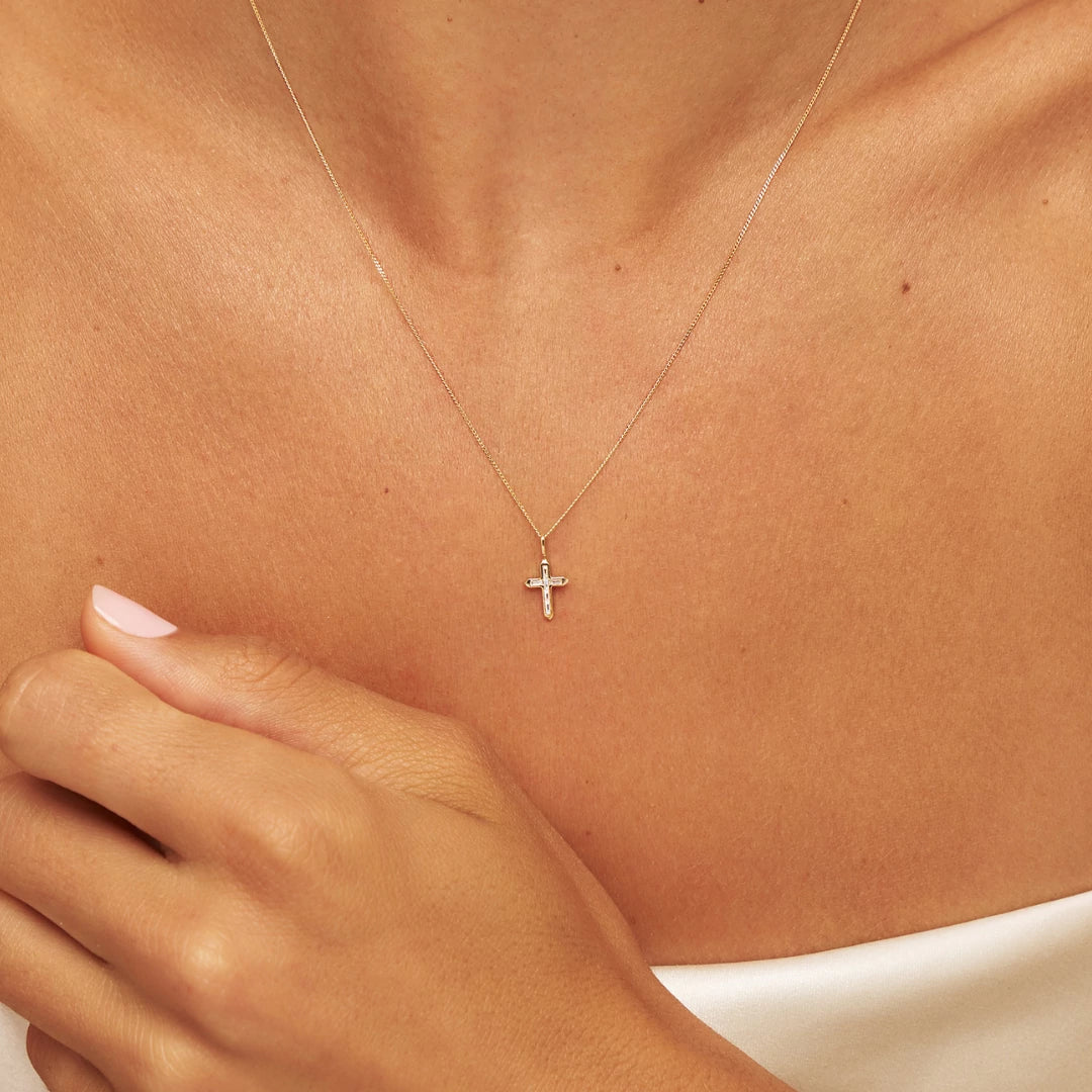 Solid Gold Baguette Genuine Diamond Tiny Cross Necklace
