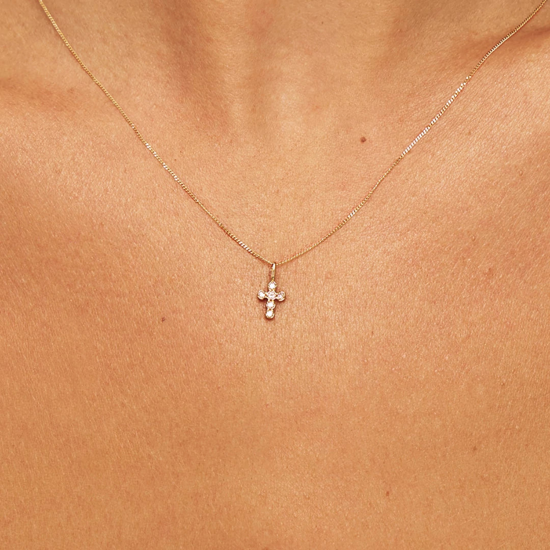 Solid Gold Genuine Diamond Rounded Tiny Cross Necklace