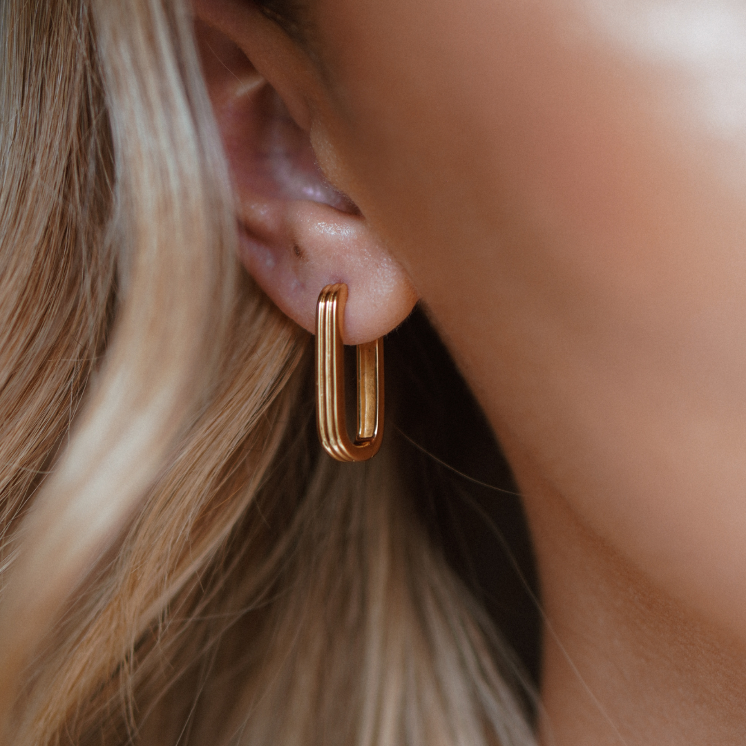 Gold Large Ribbed Pearl Drop Hoop Earrings
