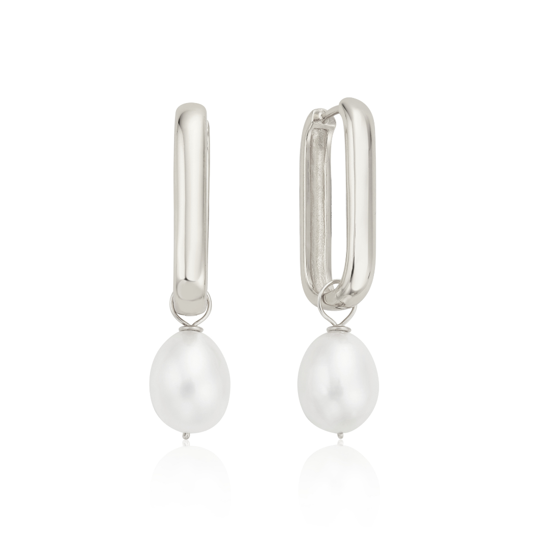 Silver Large Plain Pearl Drop Hoop Earrings