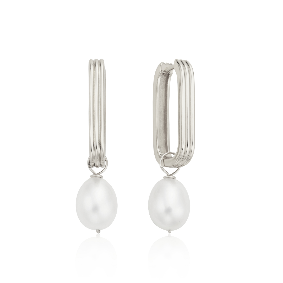 Silver Large Ribbed Pearl Drop Hoop Earrings