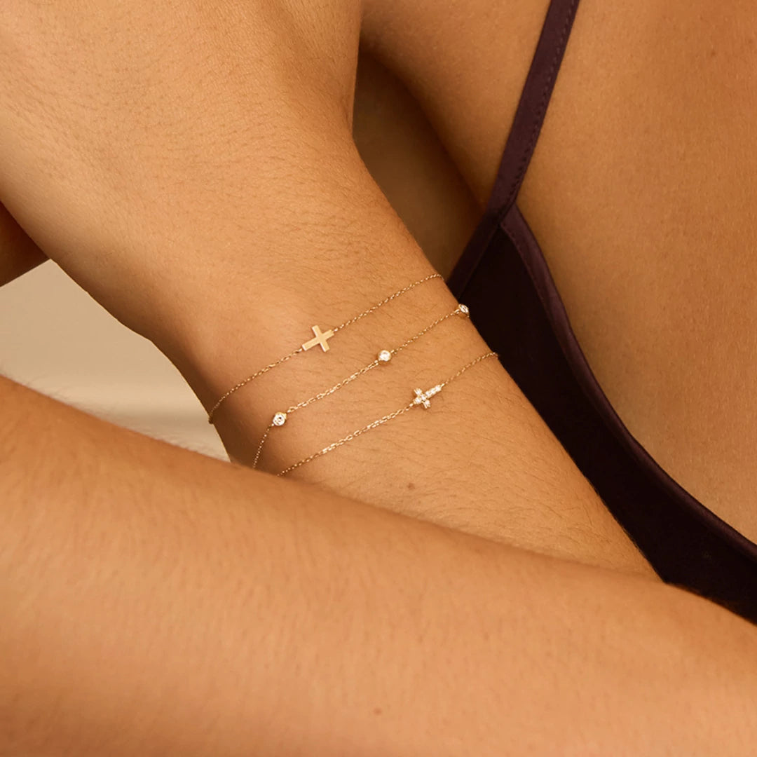 Solid Gold Genuine Diamond Tiny Cross Bracelet