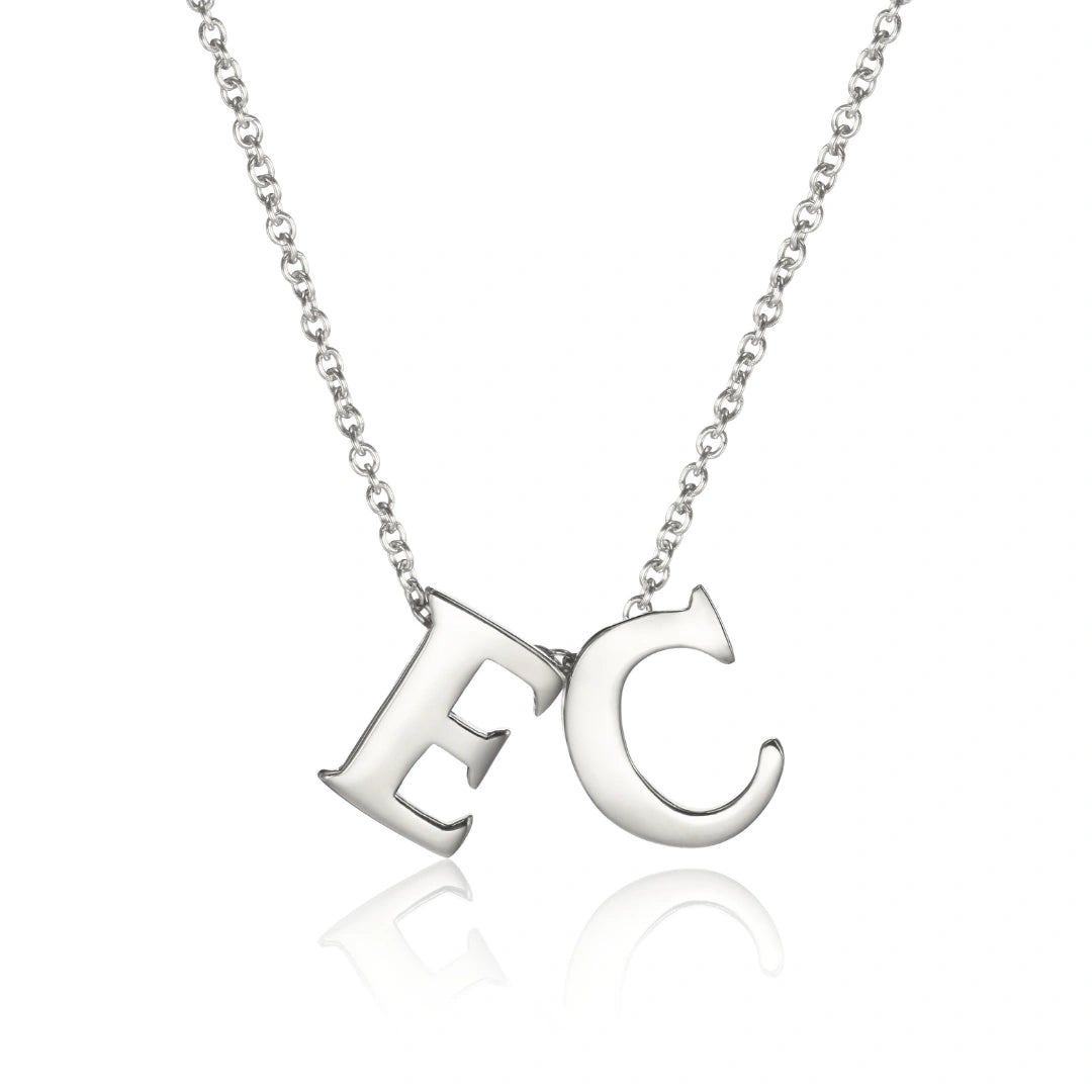 Silver necklace with 'EC' pendant on a white background