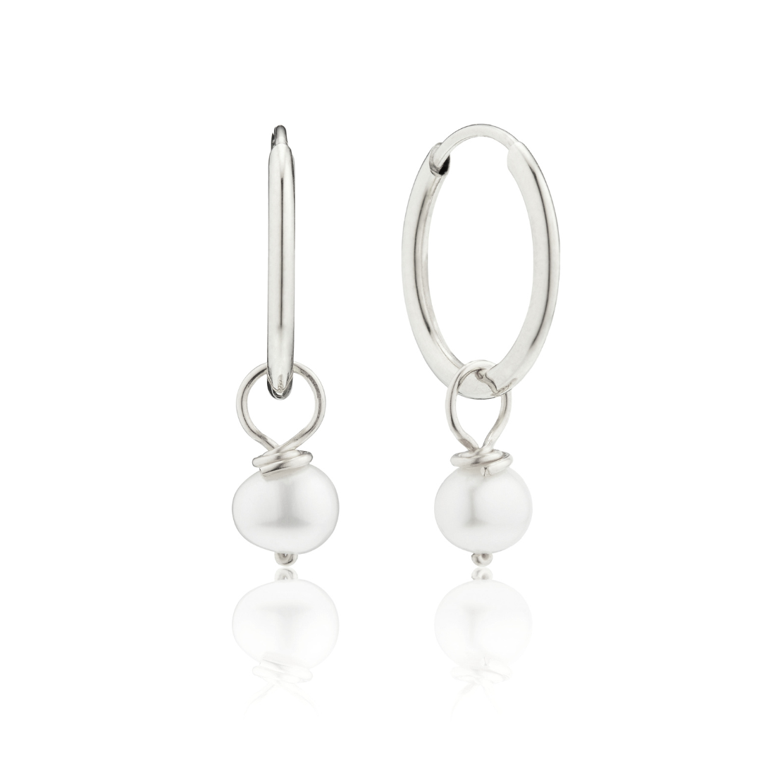 Solid White Gold Small Pearl Drop Hoop Earrings