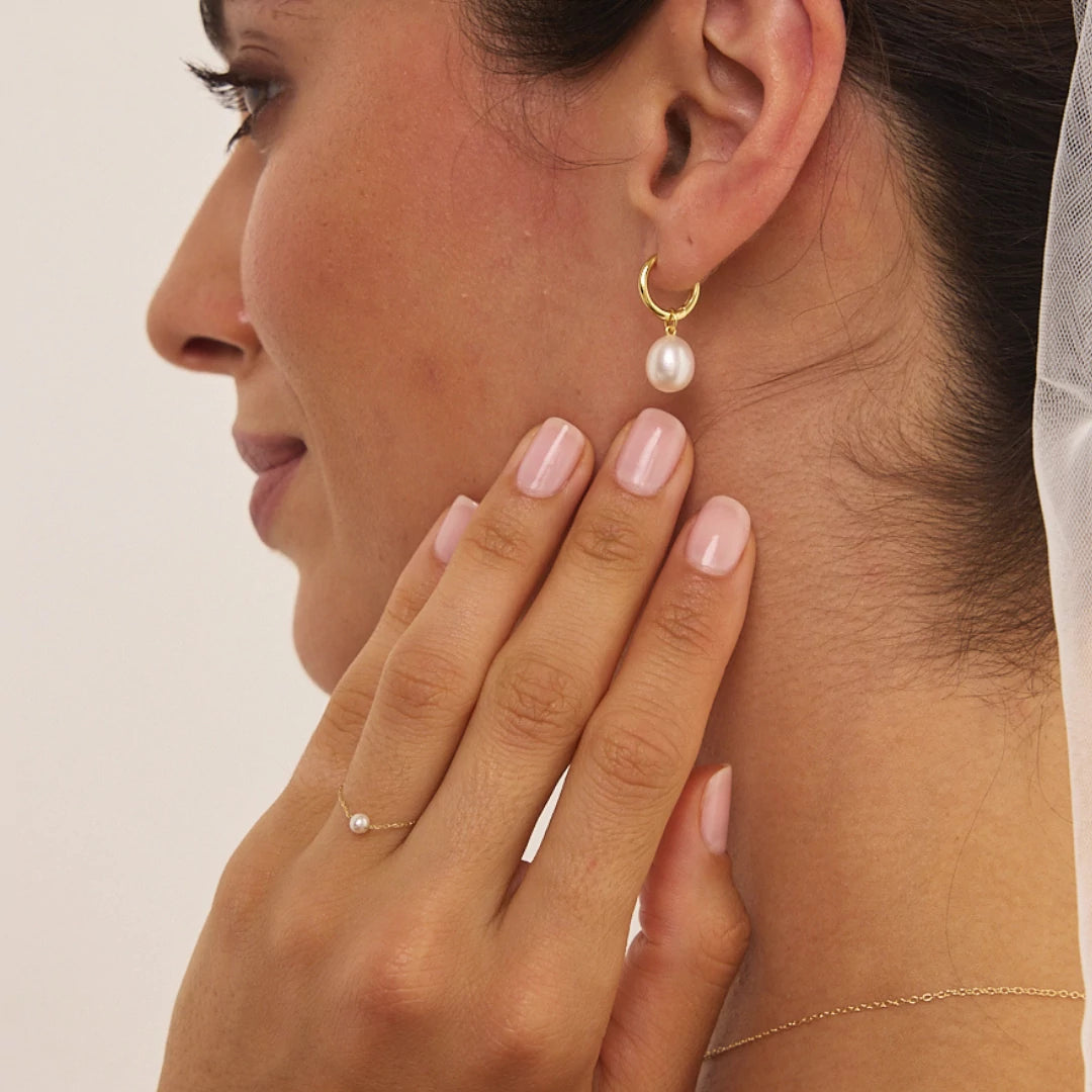 Gold Round Pearl Drop Huggie Hoop Earrings