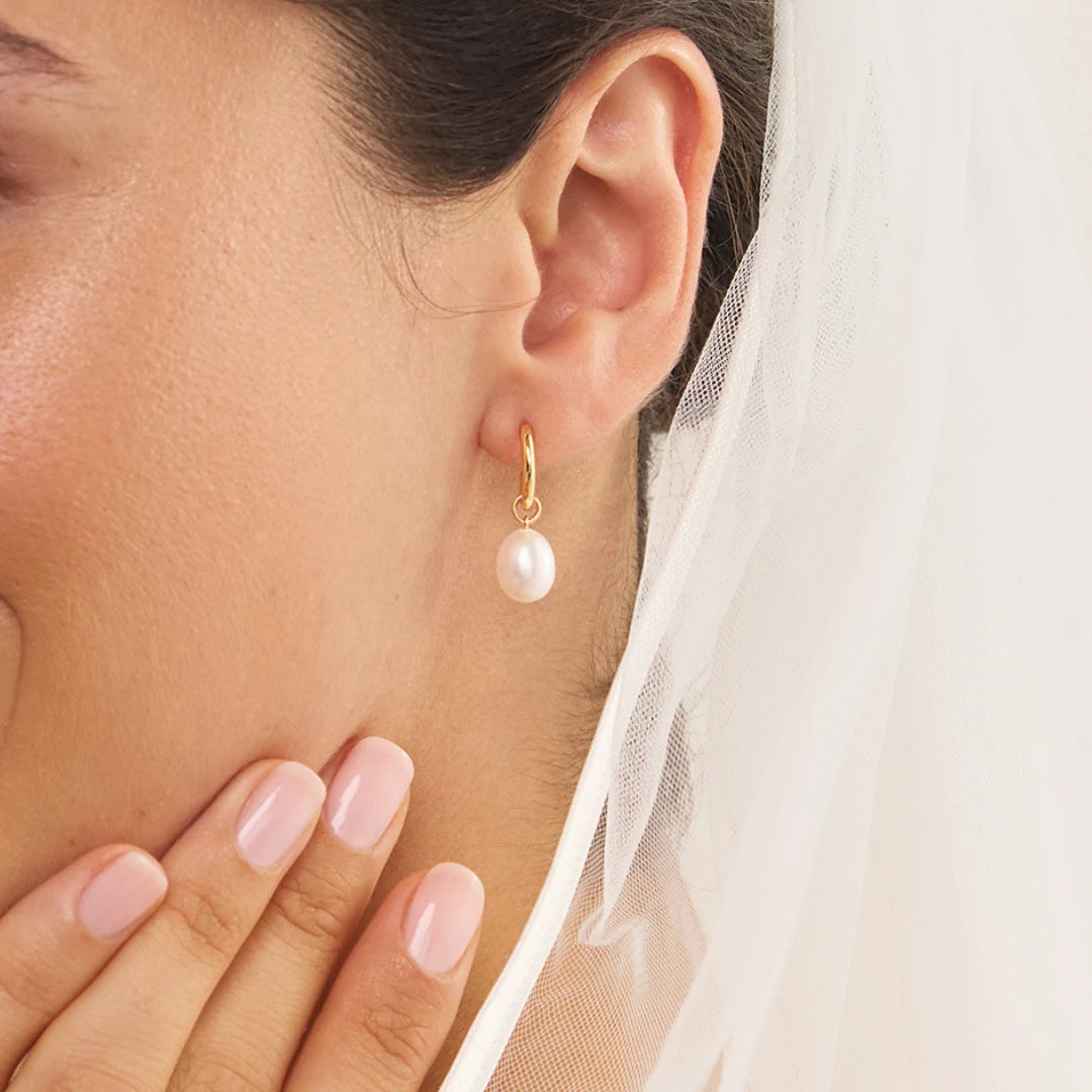 Gold Round Pearl Drop Huggie Hoop Earrings