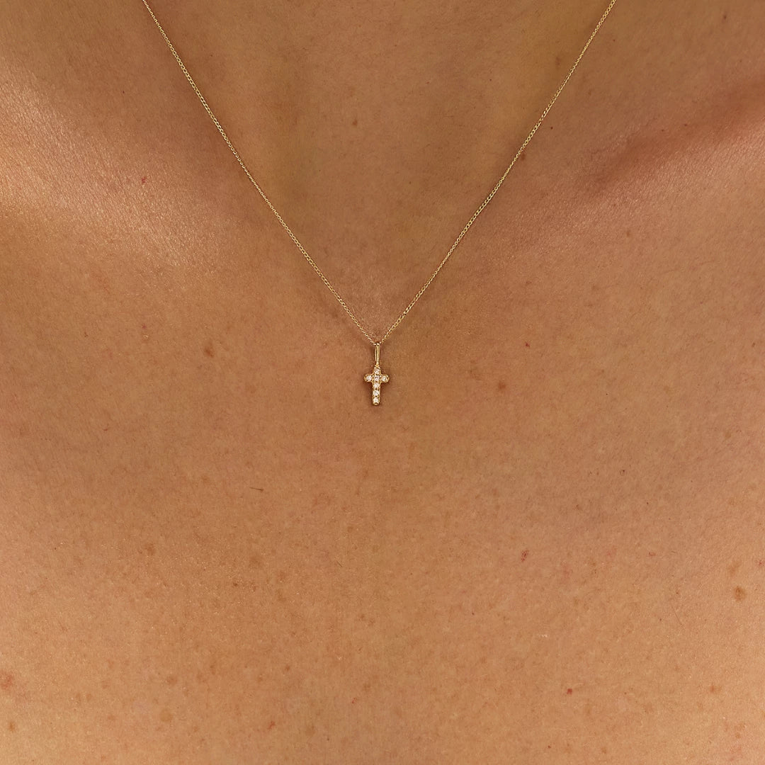 Solid Gold Genuine Diamond Tiny Cross Necklace