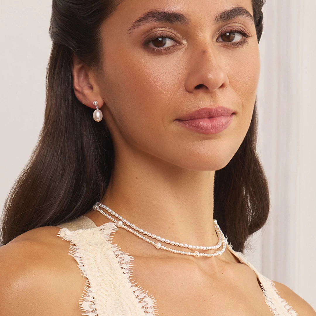 Silver Double Pearl Drop Stud Earrings