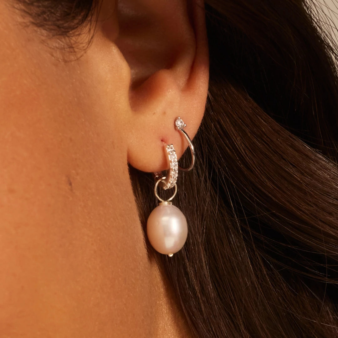Silver Huggie Pearl Drop Earrings