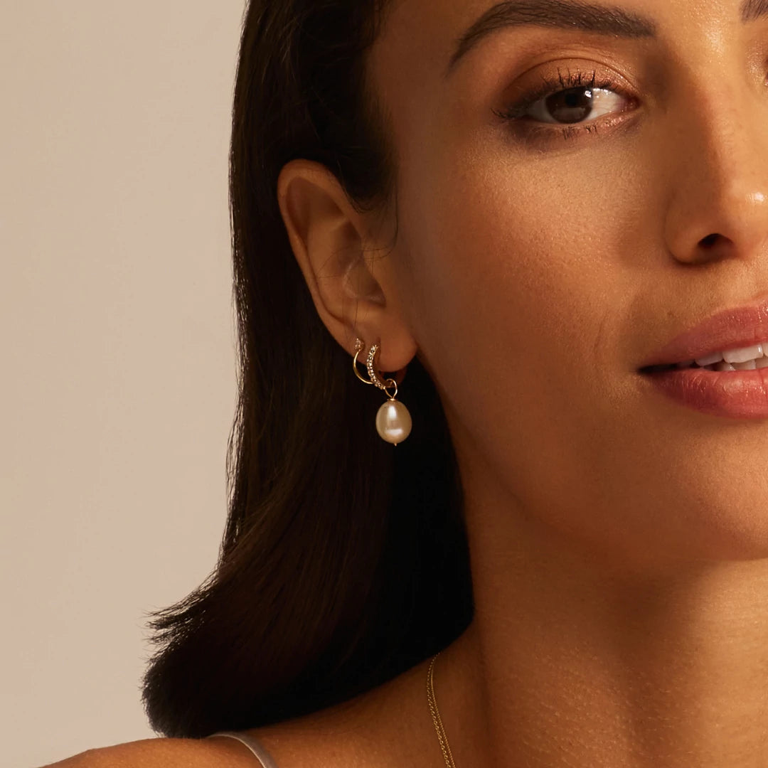 Gold Huggie Pearl Drop Earrings