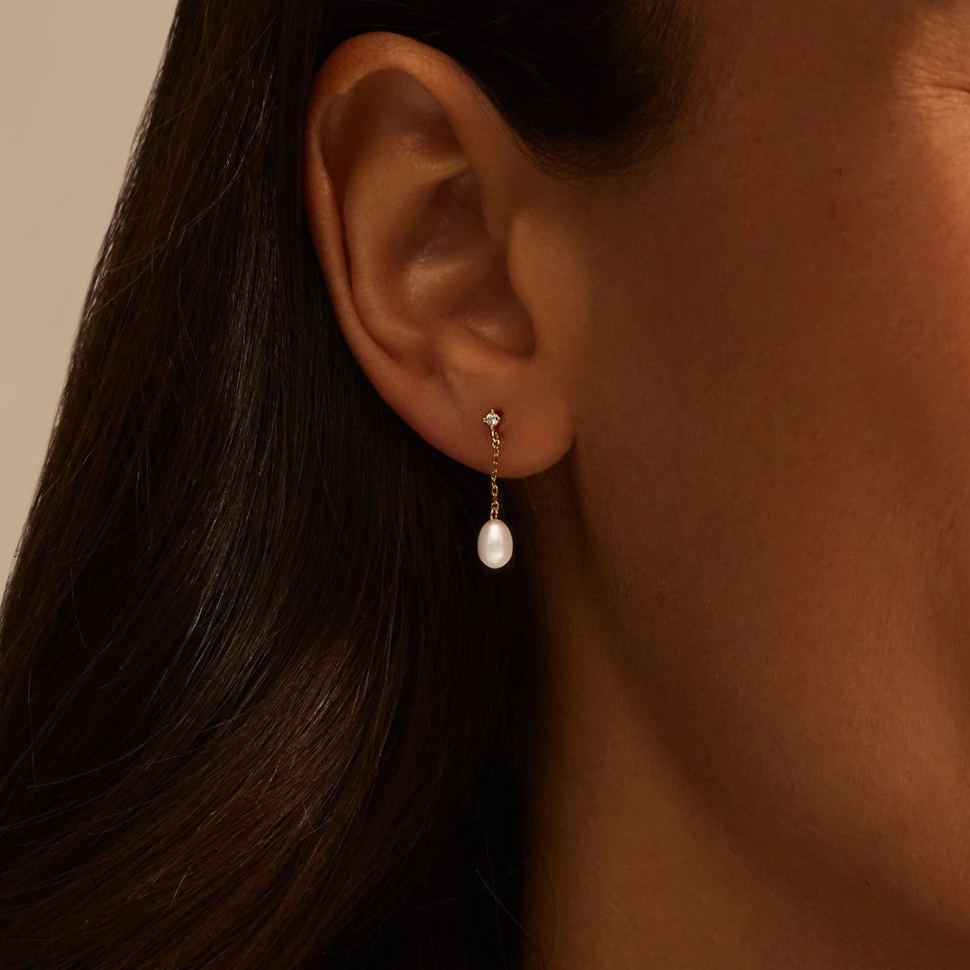 Gold Diamond Style Pearl Drop Stud Earrings