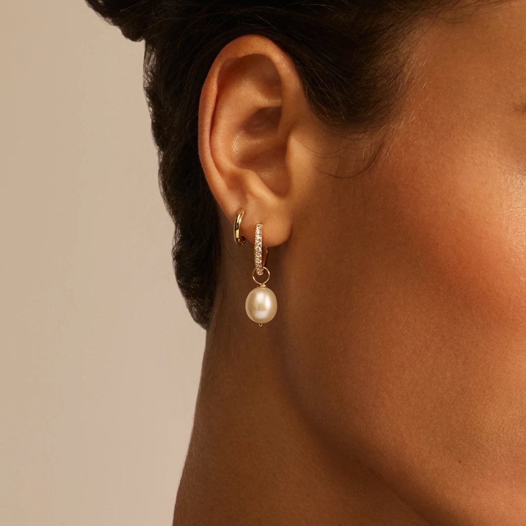 Gold Diamond Style Large Pearl Drop Hoop Earrings
