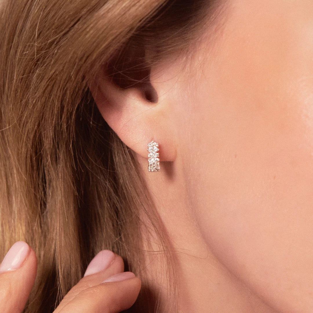 Silver Diamond Style Double Cluster Huggie Hoop Earrings