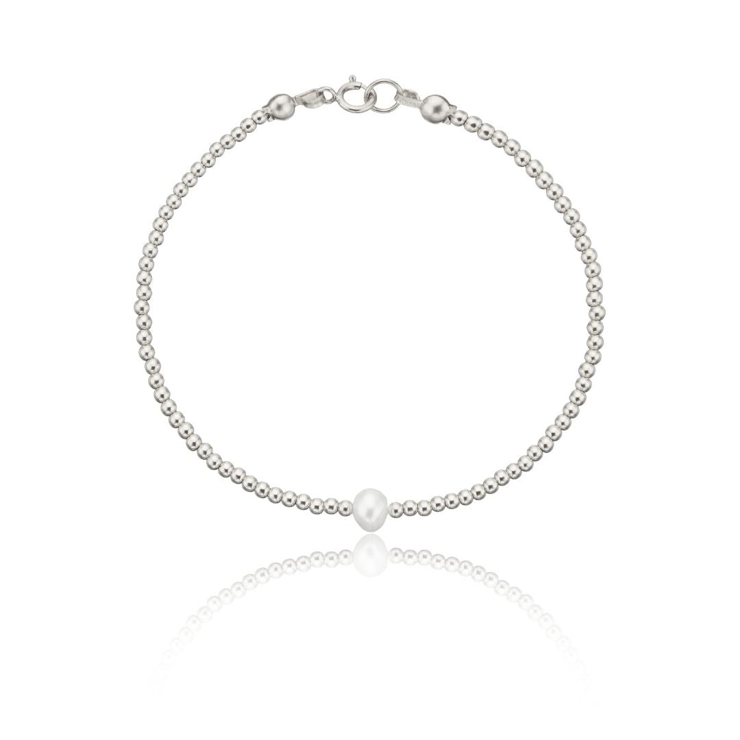 Silver Beaded Single Pearl Bracelet