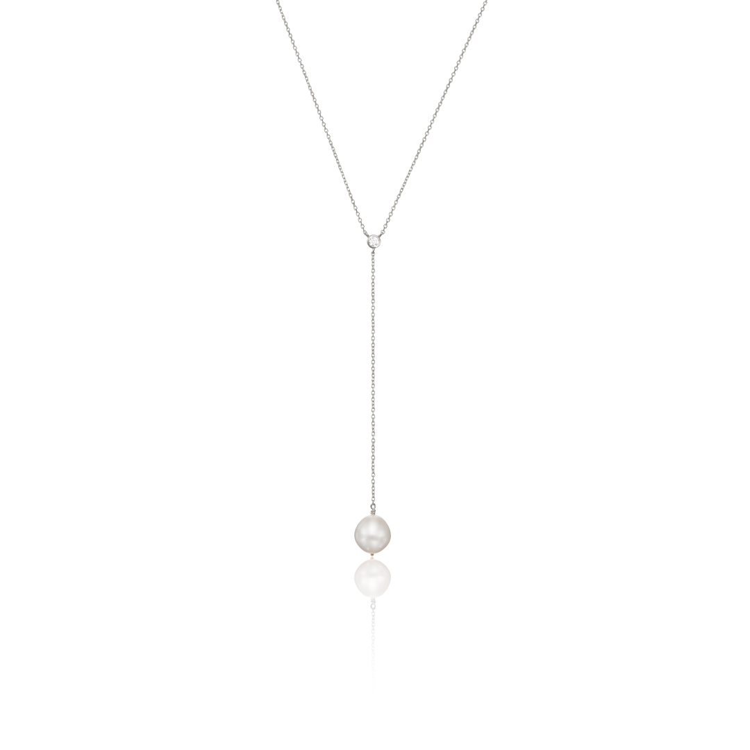 Silver Single Diamond Pearl Lariat Necklace