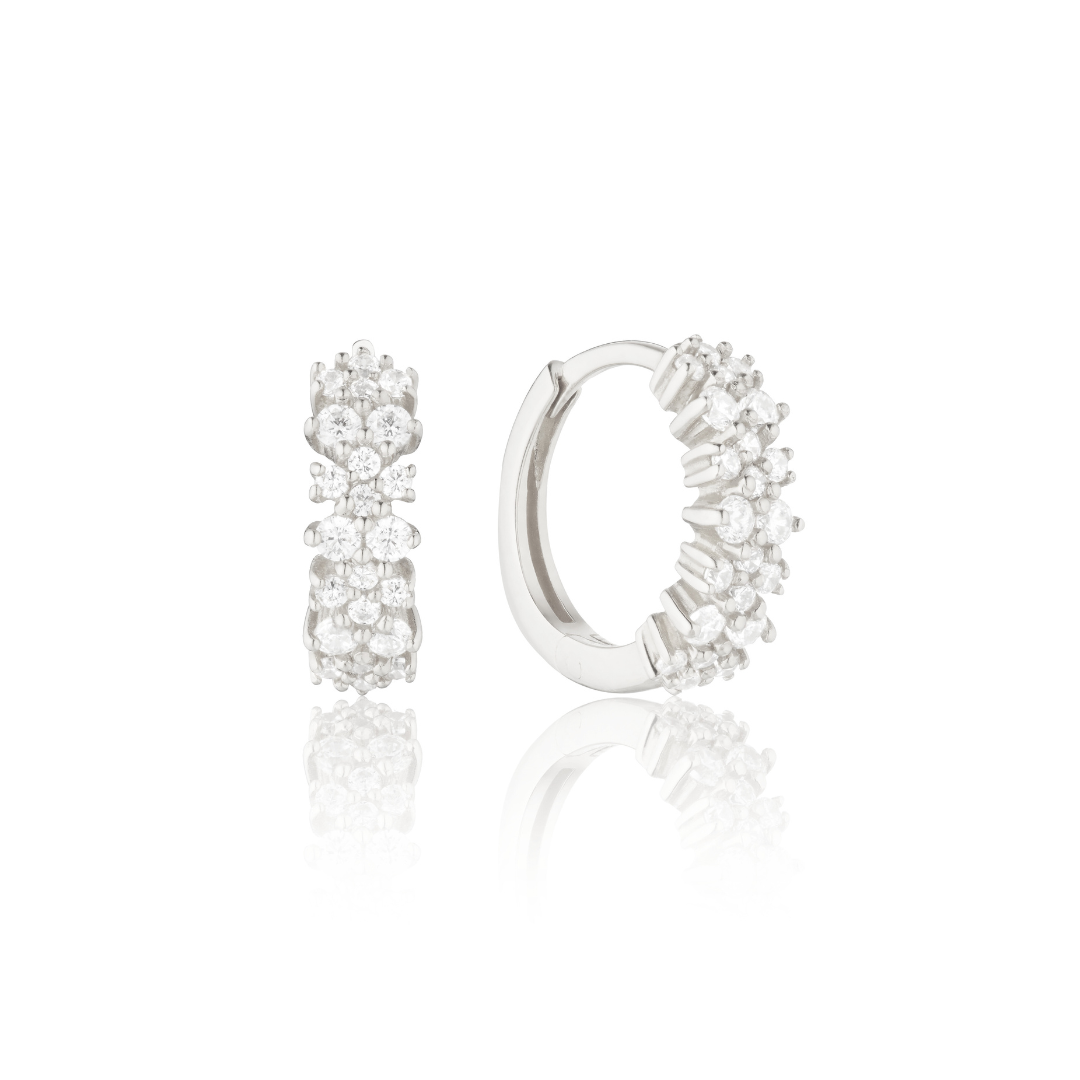Silver Diamond Style Double Cluster Huggie Hoop Earrings