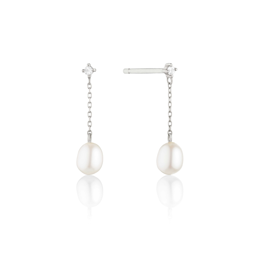 Silver Diamond Style Pearl Drop Stud Earrings