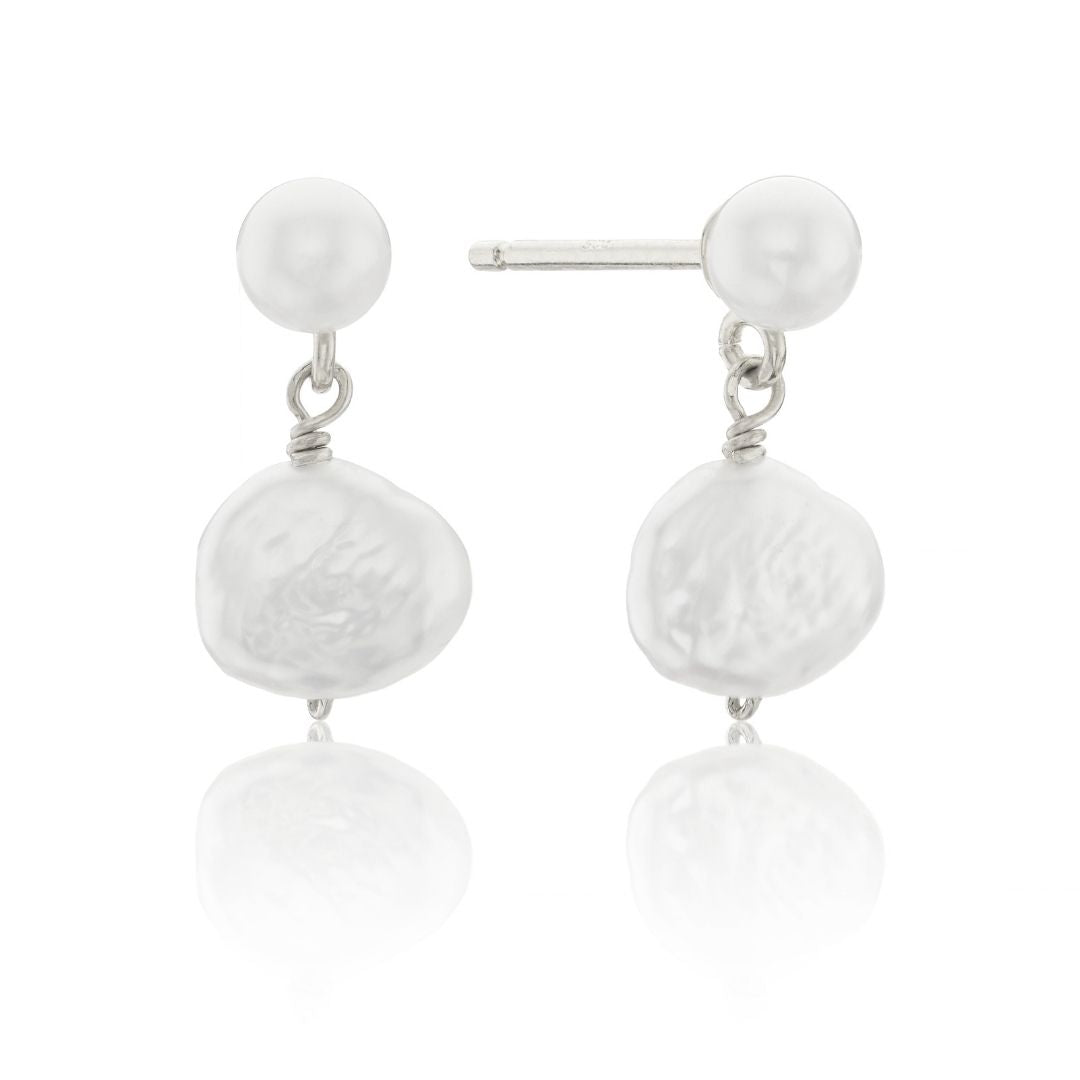 Silver Double Baroque Pearl Drop Stud Earrings