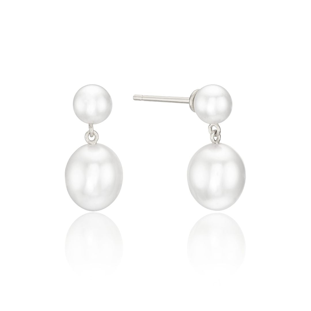 Silver Double Pearl Drop Stud Earrings