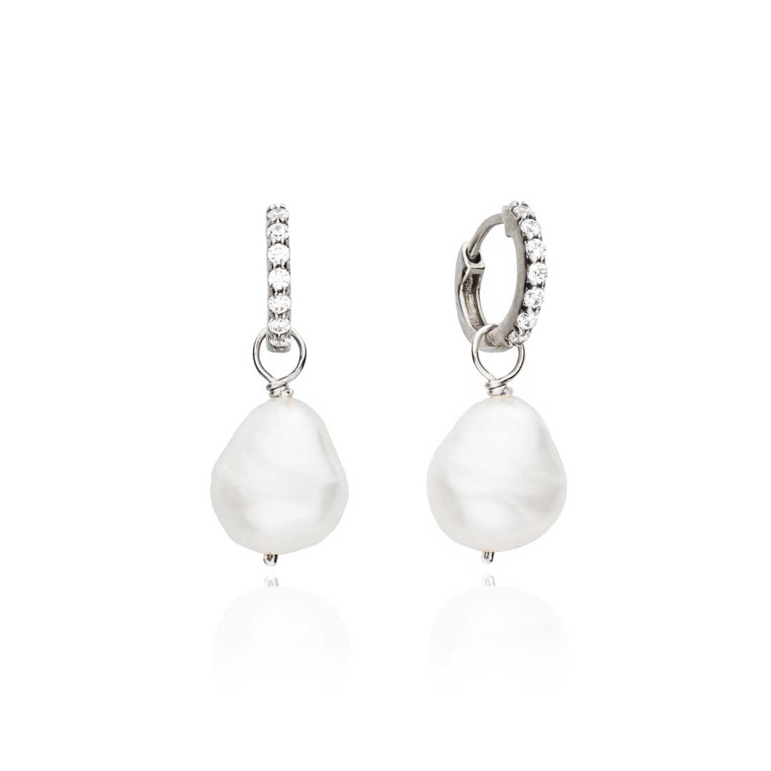 Solid White Gold Genuine Diamond Huggie Pearl Drop Earrings