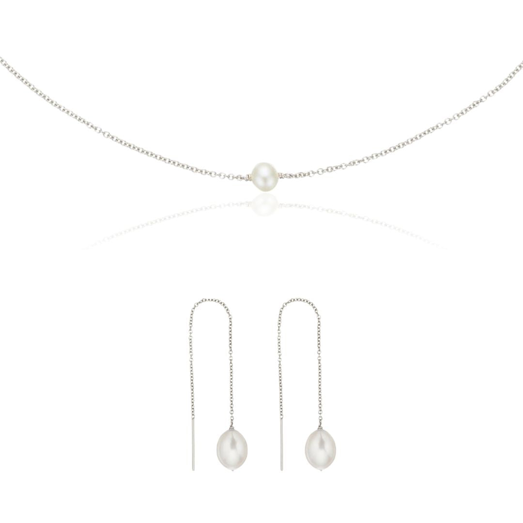 Silver Large Pearl Drop Ear Threaders and Single Pearl Choker Gift Set