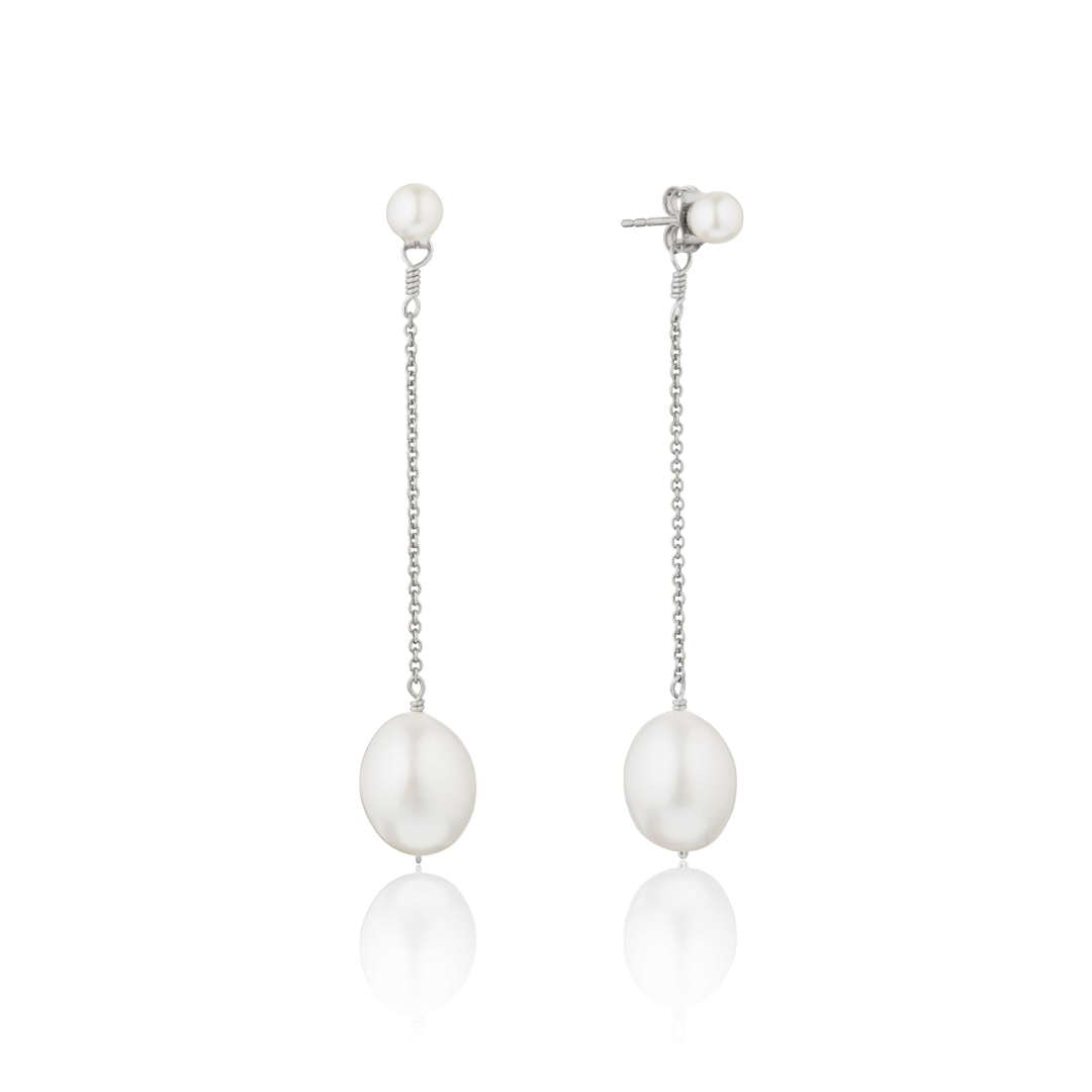 Silver Large and Small Pearl Drop Stud Earrings