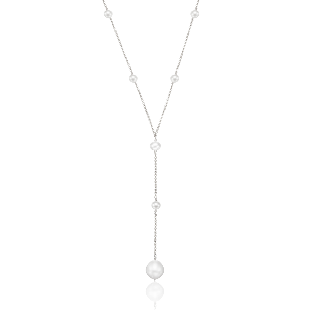 Solid White Gold Multi Pearl Lariat Necklace