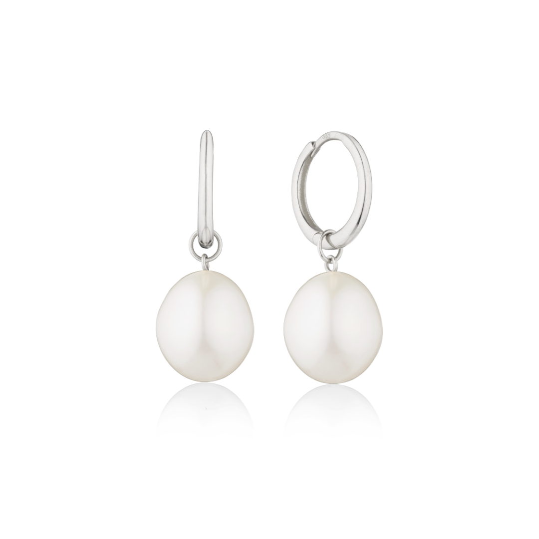 Silver Round Pearl Drop Huggie Hoop Earrings