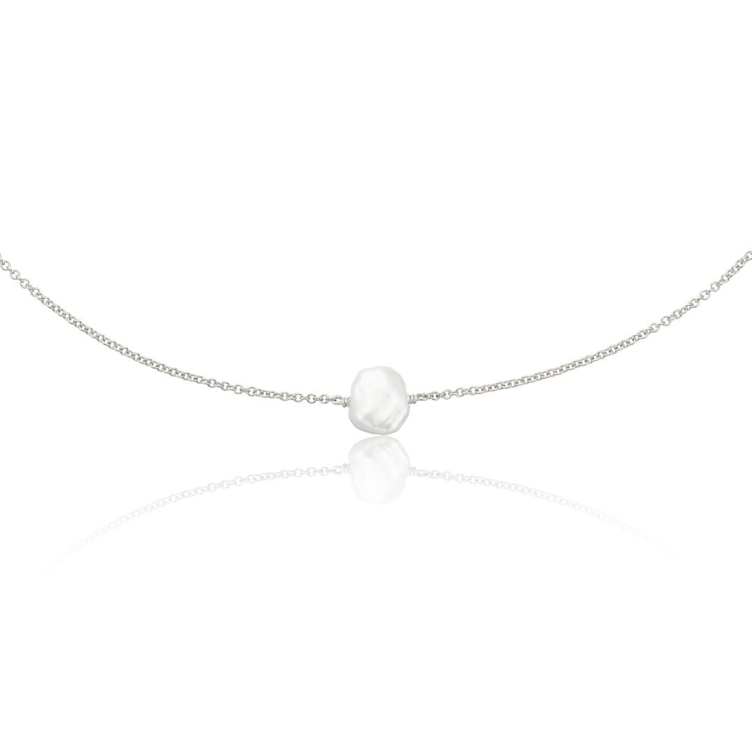 Solid White Gold Single Baroque Pearl Choker