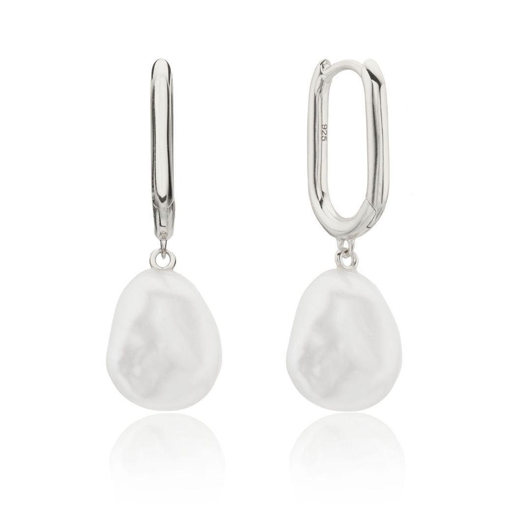Silver Squared Hoop Baroque Pearl Drop Earrings