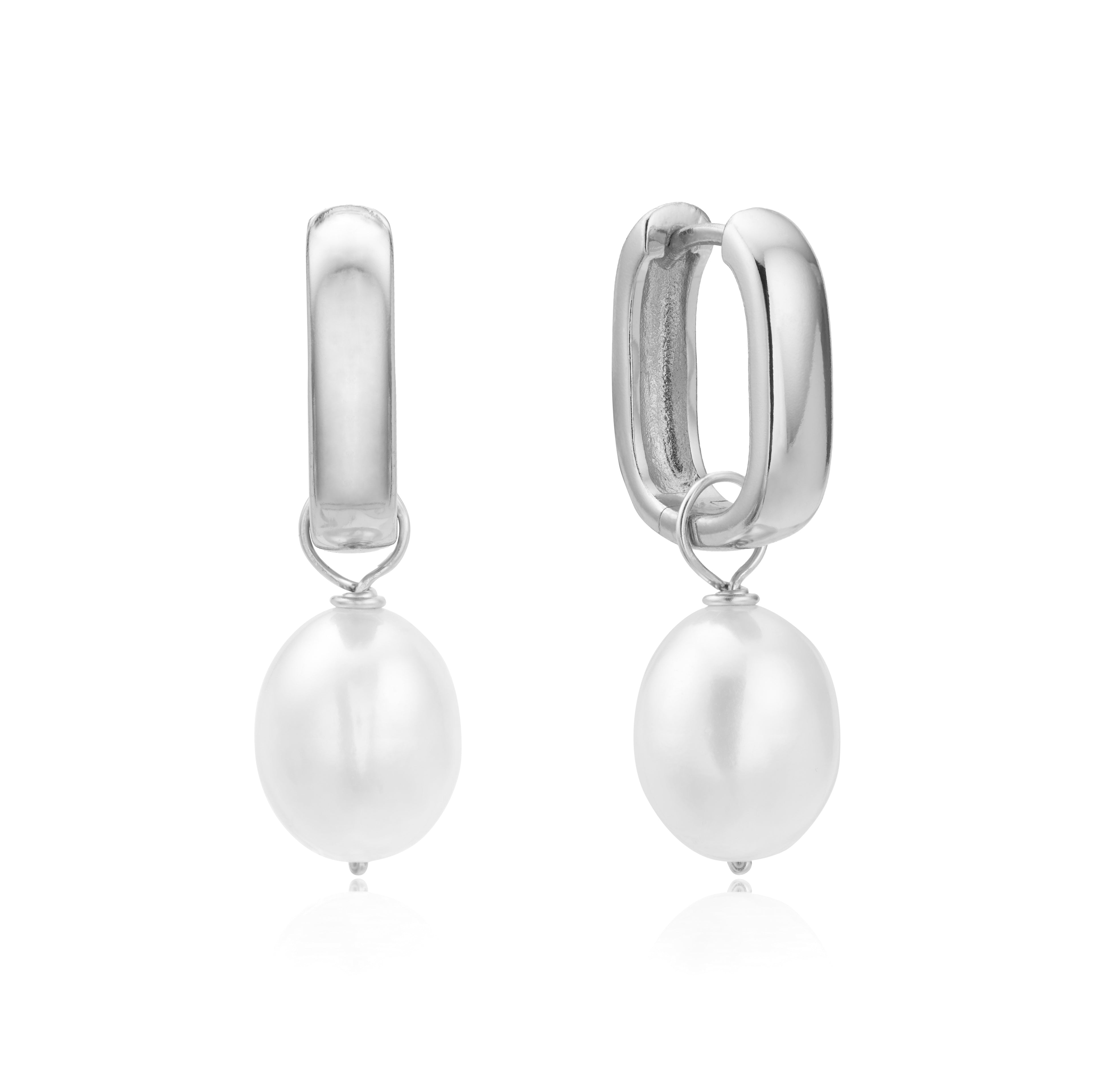 Silver Thick Squared Hoop Pearl Drop Earrings