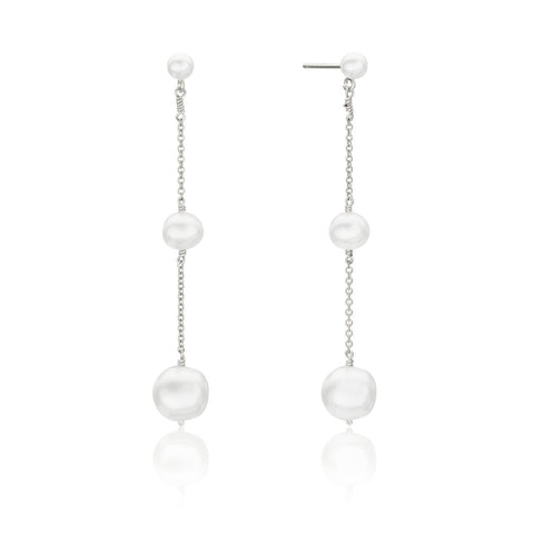 Silver Three Graduated Pearl Drop Earrings