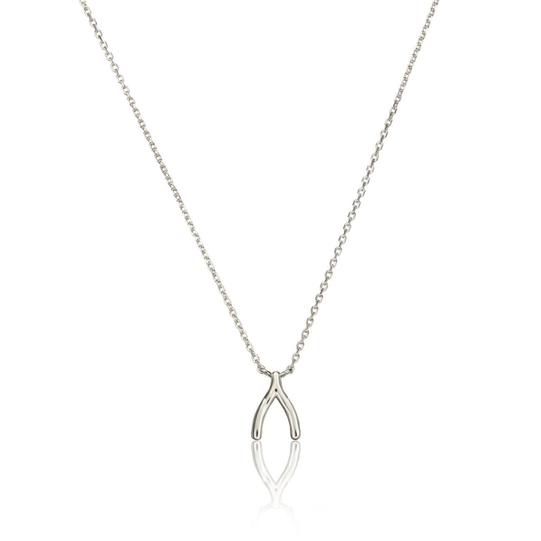 Silver wishbone necklace on a white background