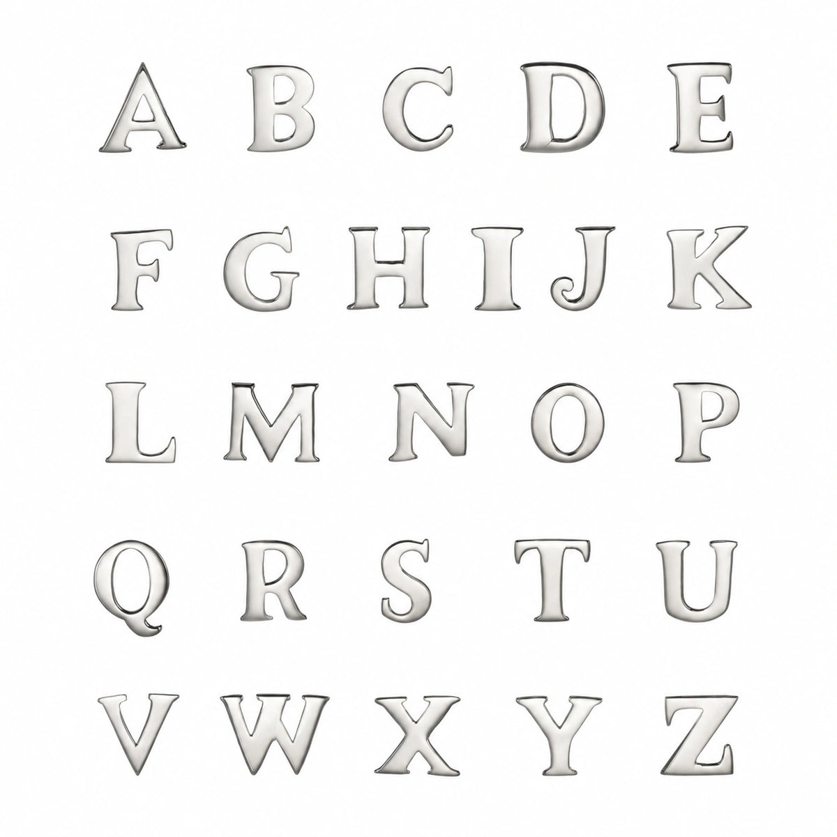 A 26-piece set of silver alphabet letters from A to Z, arranged in five rows on a plain white background.