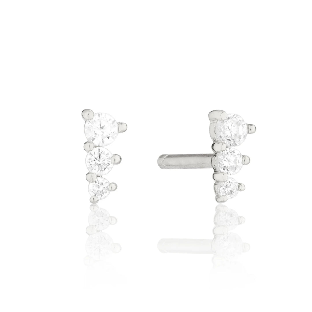 Silver Three Diamond Style Graduated Stud Earrings
