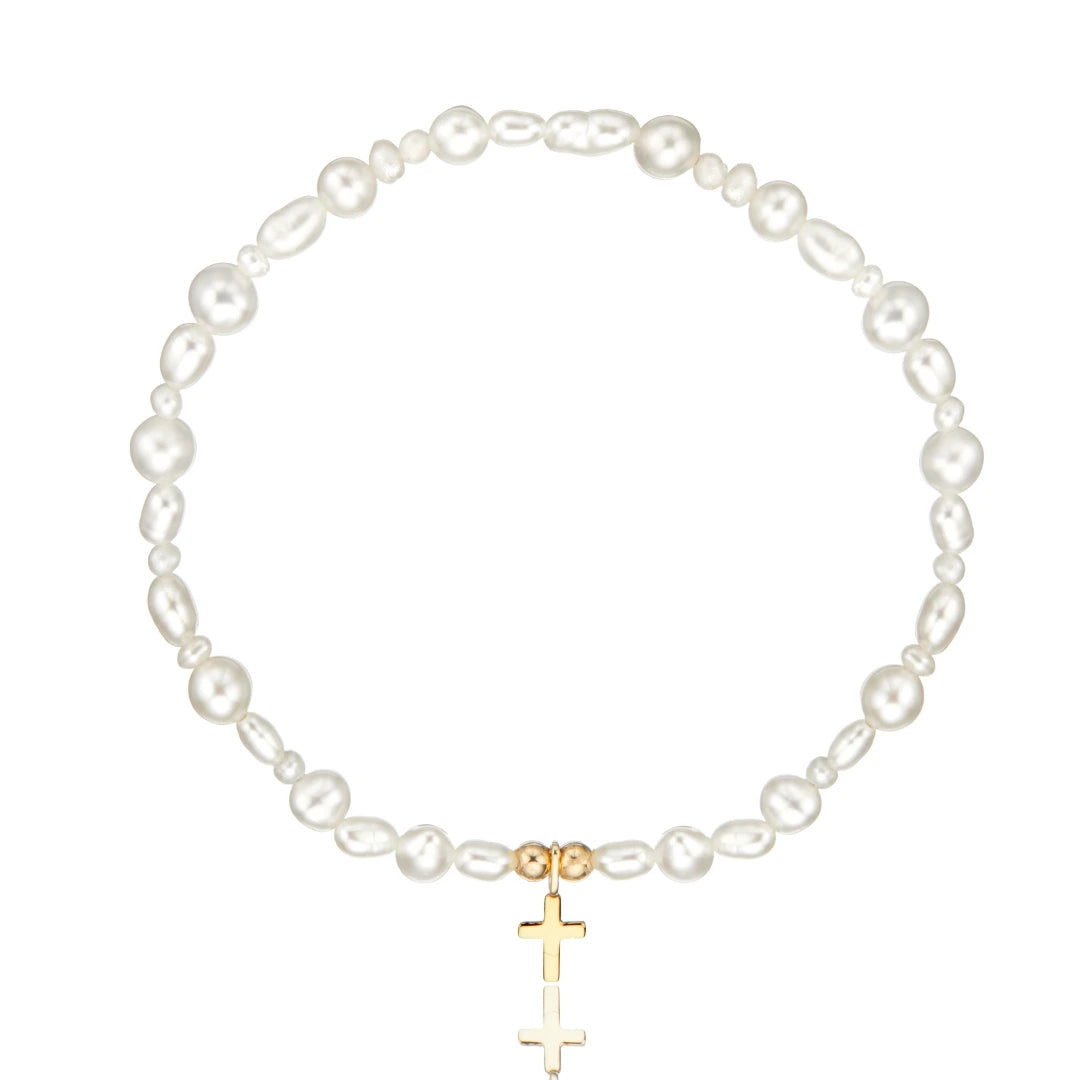 Solid Gold Children's Pearl Tiny Cross Bracelet