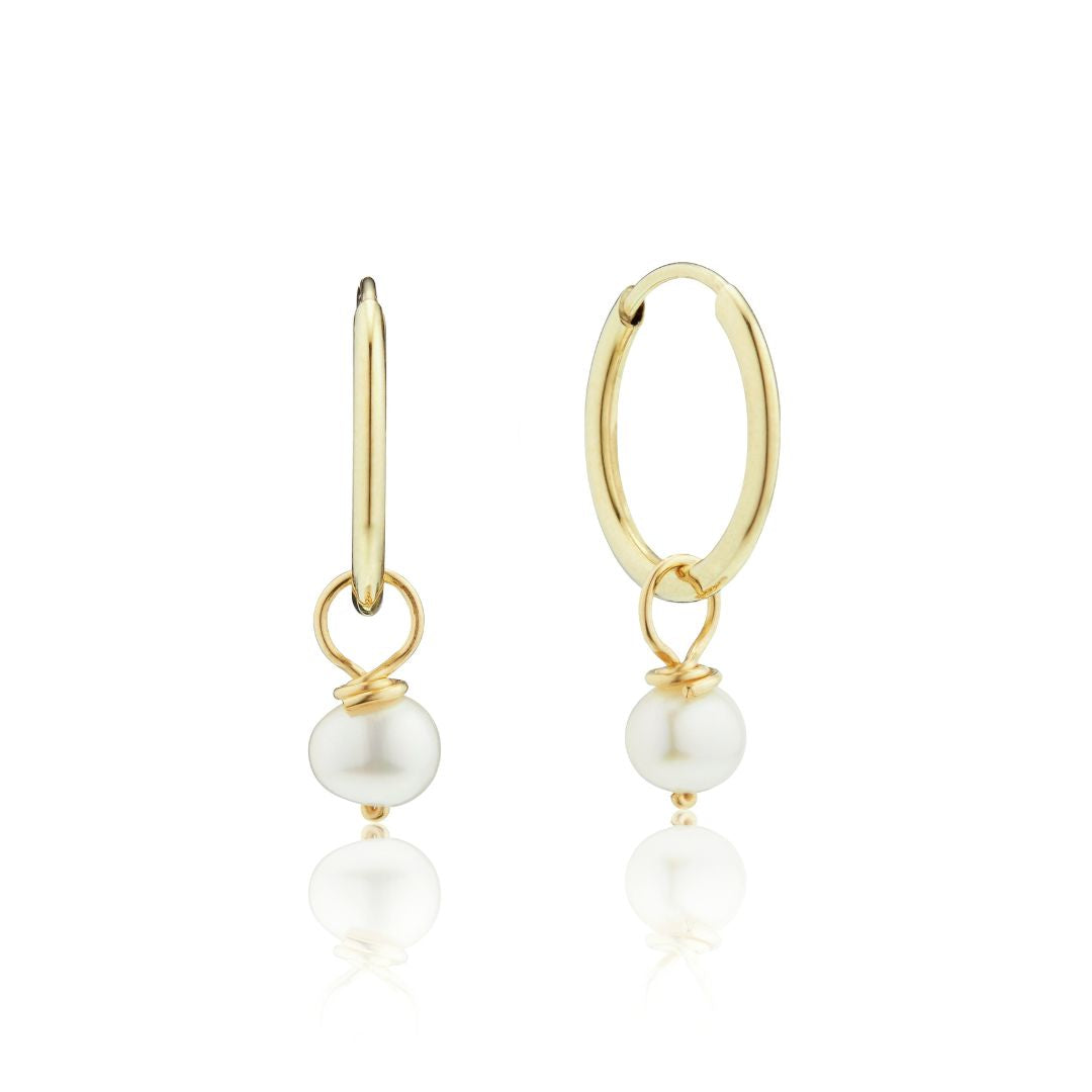 Solid Gold Small Pearl Drop Hoop Earrings